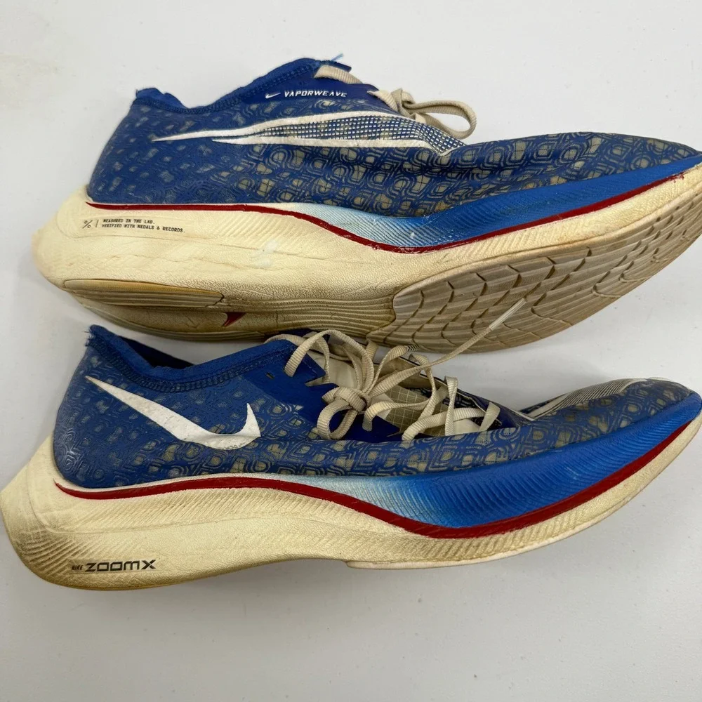 Nike ZoomX Vaporfly Next% Mens 10.5 Blue White Red DD8337-400 Running Shoes